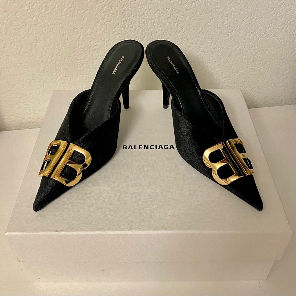 Balenciaga BB Logo Velvet Knife Mules